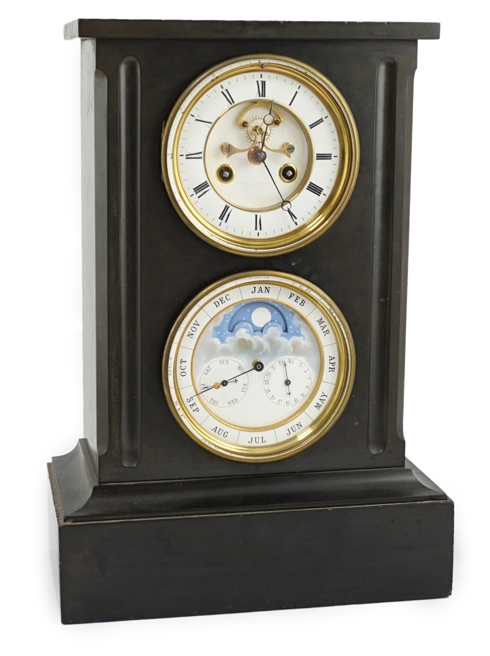 A late 19th century French black slate calendar mantel clock